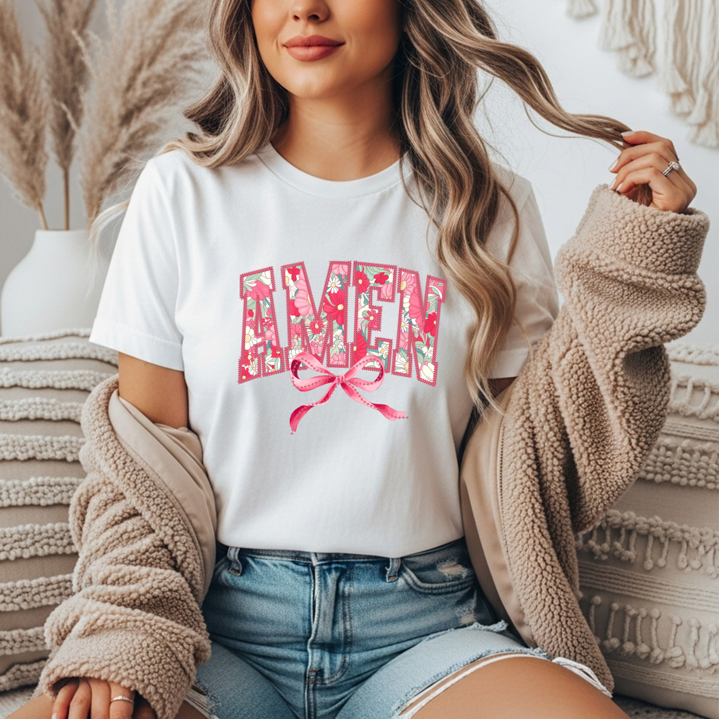 Pink Floral Amen Gildan Tee