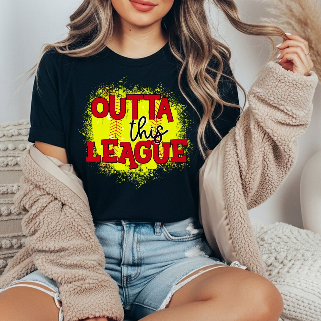 Funny softball shirt with "Outta This League" slogan, ideal for players or moms
