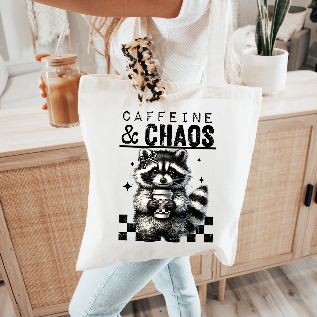 Funny mom tote bag with raccoon and coffee illustration, caffeine and chaos design