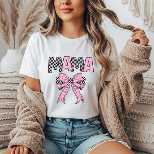 Mama Checkered Flag + Pink Bow Gildan Tee